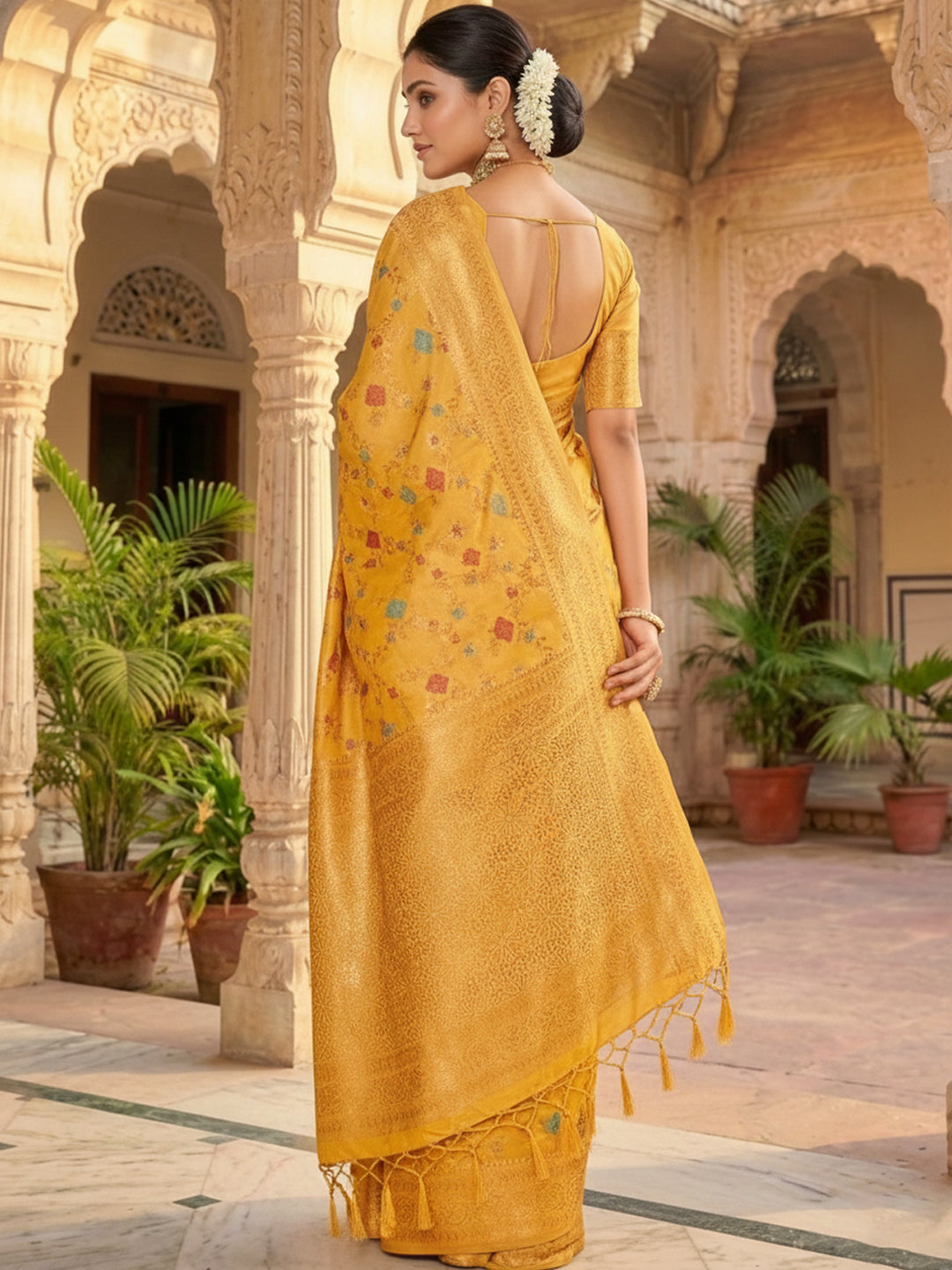 Sutriti Graceful Yellow Banarasi Silk Saree with Golden Zari Woven Border & Floral Jaal – Wedding & Festive Wear