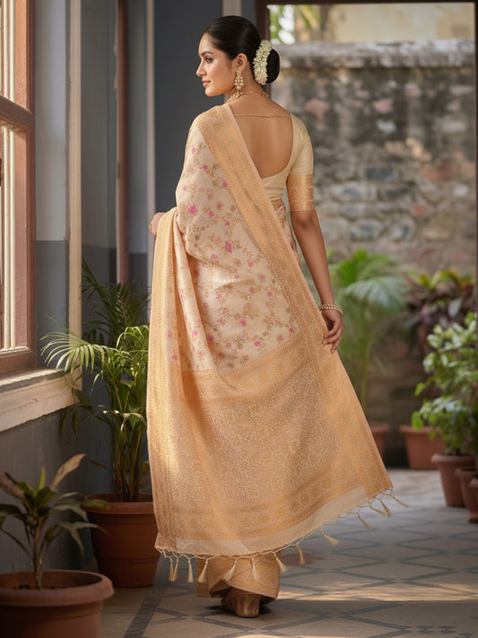 Sutriti Graceful White Banarasi Silk Saree with Golden Zari Woven Border & Floral Jaal – Wedding & Festive Wear