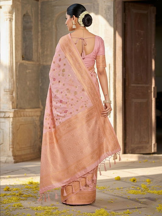 Sutriti Graceful Pink Banarasi Silk Saree with Golden Zari Woven Border & Floral Jaal – Wedding & Festive Wear