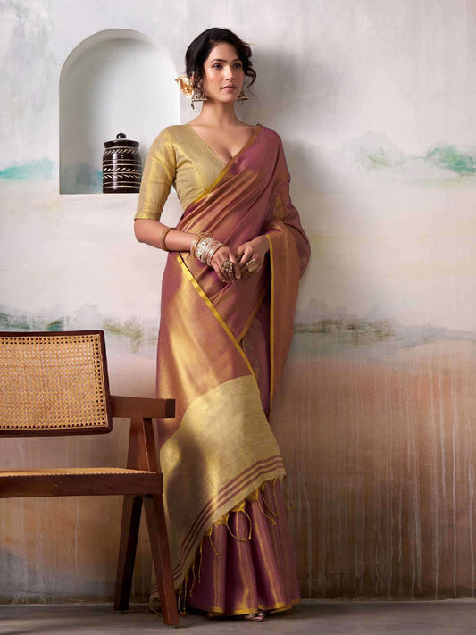 Sutriti Mauve & Gold Tissue Silk Contrast Hem Saree With Blouse Piece