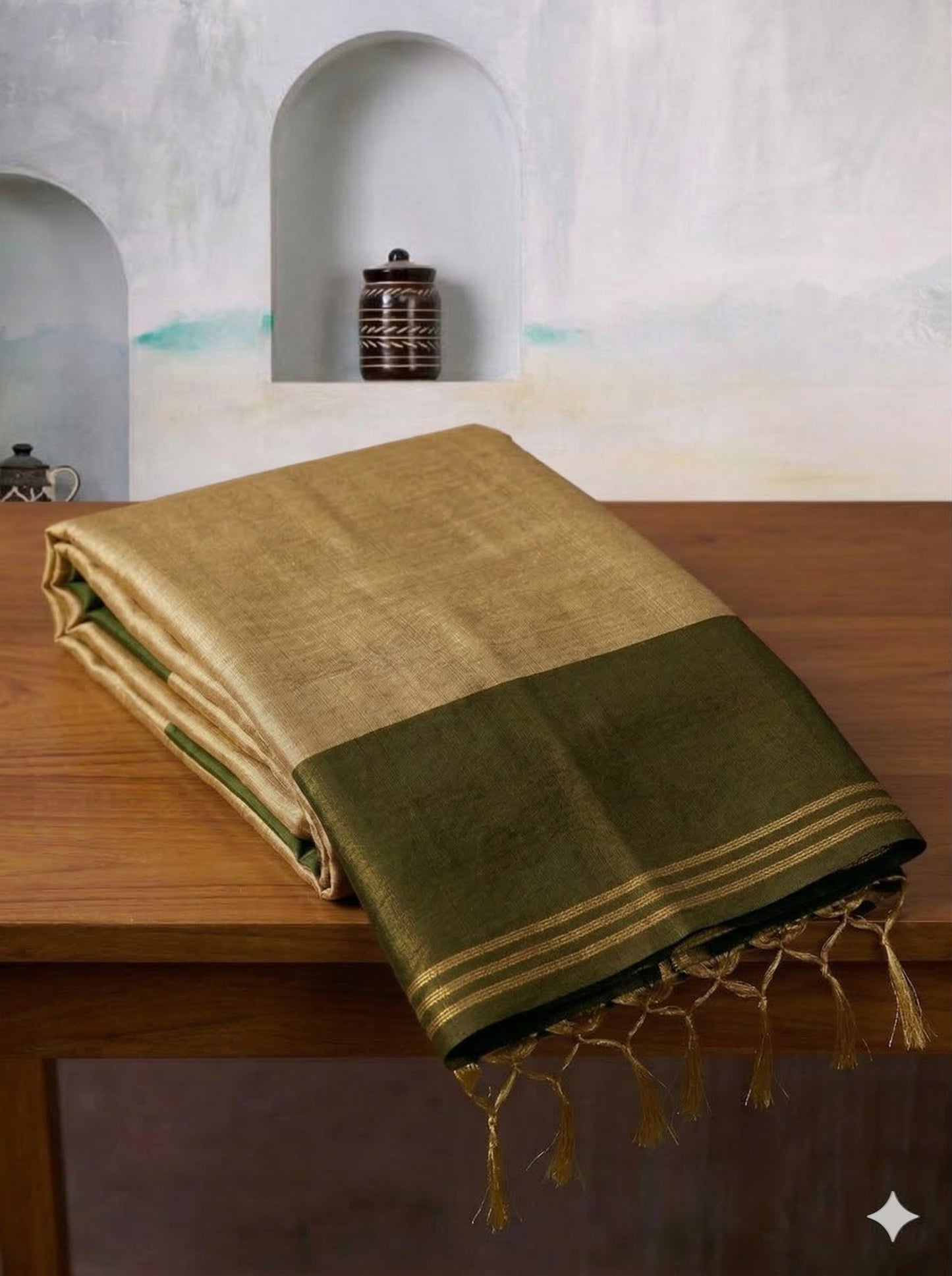 Sutriti Women Beige & Olive Green Solid Tissue Silk Saree with Zari Border