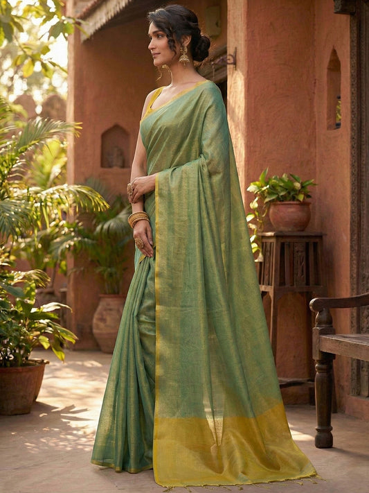 Sutriti Women Teal Green & Gold-Toned Solid Tissue Silk Saree with Zari Border
