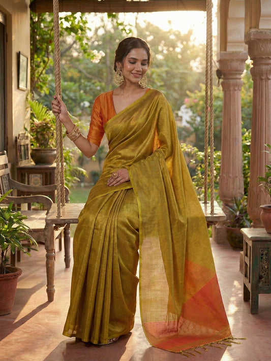Sutriti Women Mustard Yellow & Orange Solid Tissue Silk Saree with Contrast Border