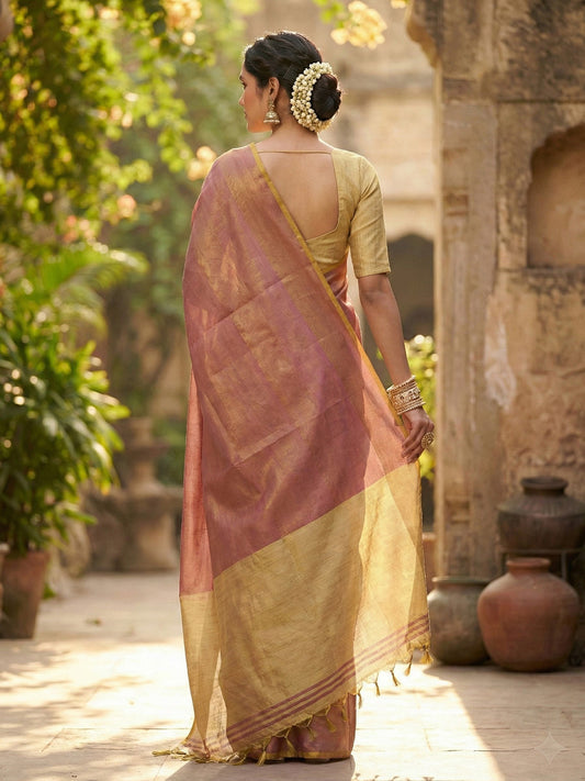 Sutriti Women Mauve Purple & Gold-Toned Solid Tissue Silk Shimmer Saree