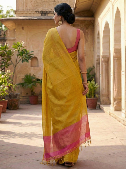 Sutriti Women Bright Yellow & Pink Solid Tissue Silk Saree with Zari Border