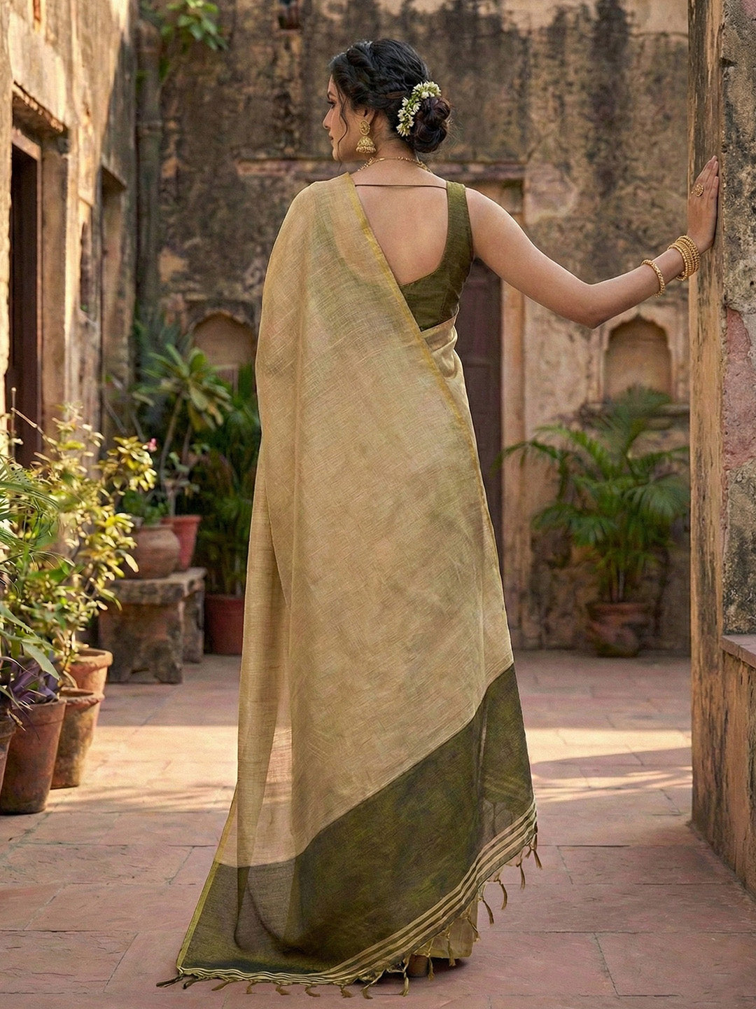 Sutriti Women Beige & Olive Green Solid Tissue Silk Saree with Zari Border
