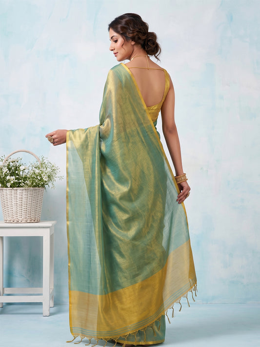 Sutriti Women Teal Green & Gold-Toned Solid Tissue Silk Saree with Zari Border