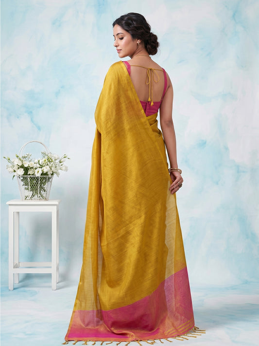 Sutriti Women Bright Yellow & Pink Solid Tissue Silk Saree with Zari Border