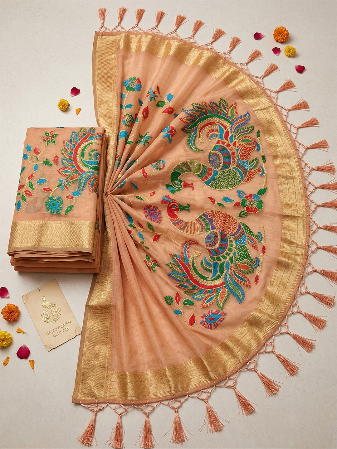Sutriti Peach Linen Saree for Women Festive Wedding PSofty Wear Ethnic Designer Saree