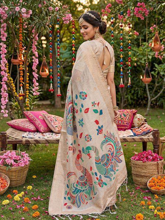 Sutriti Beige Tissue Silk Saree for Women Festive Wedding PSofty Wear Ethnic Saree