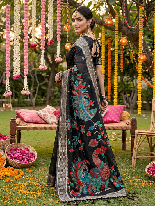 Sutriti Black Linen Saree for Women Festive Wedding PSofty Wear Ethnic Designer Saree