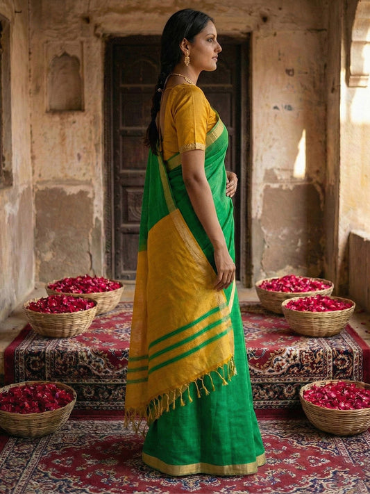 Sutriti Green & Beige Woven Design Linen Blend Saree