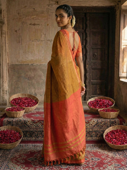 Sutriti Orange-Coloured & Red Woven Design Linen Blend Saree