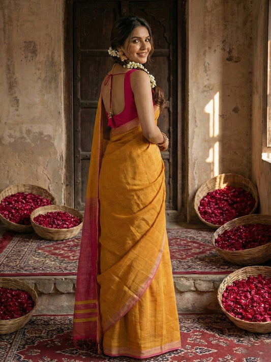 Sutriti Mustard Yellow & Pink Woven Design Linen Blend Saree