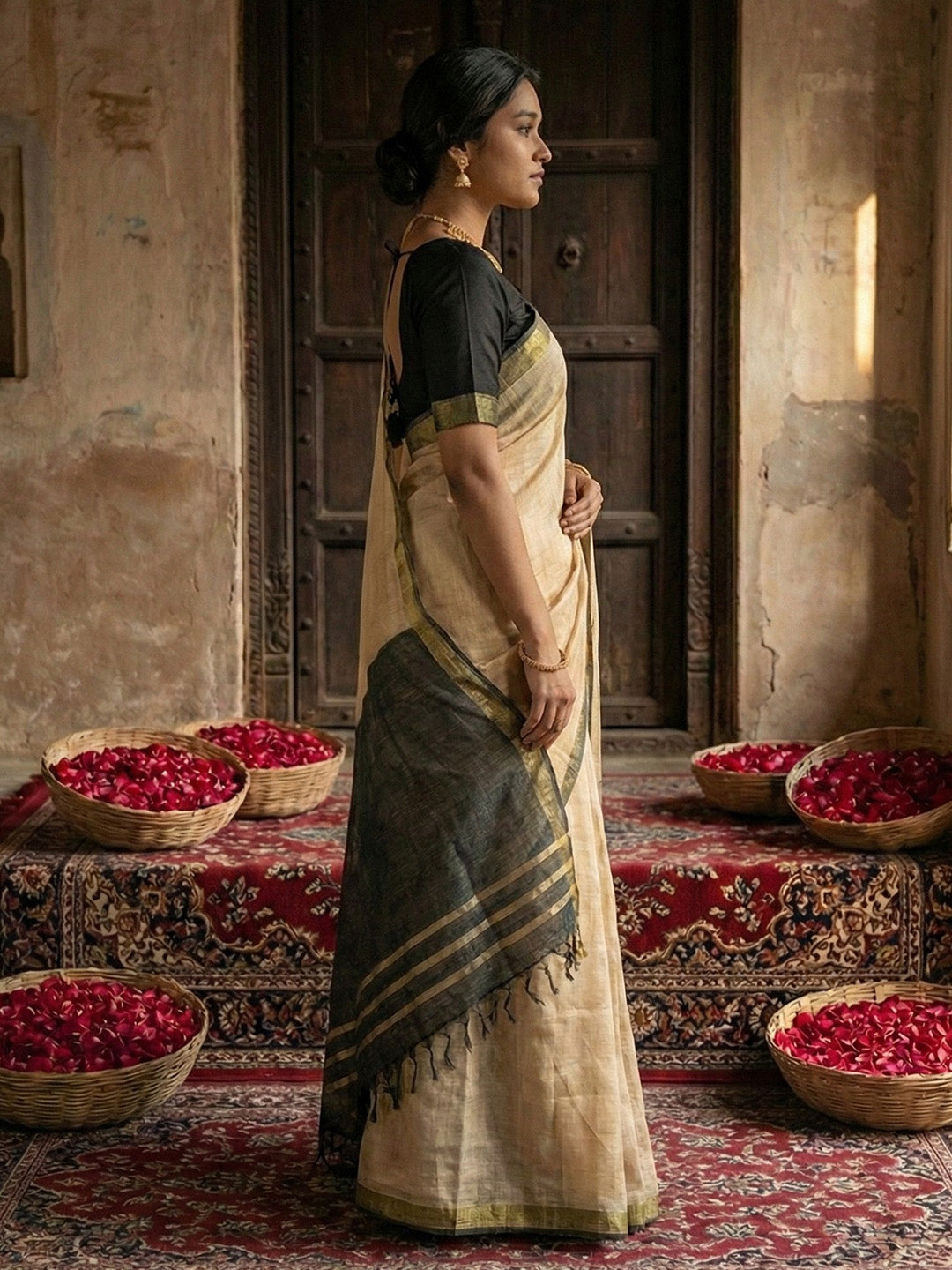 Sutriti Beige & Black Woven Design Linen Blend Saree