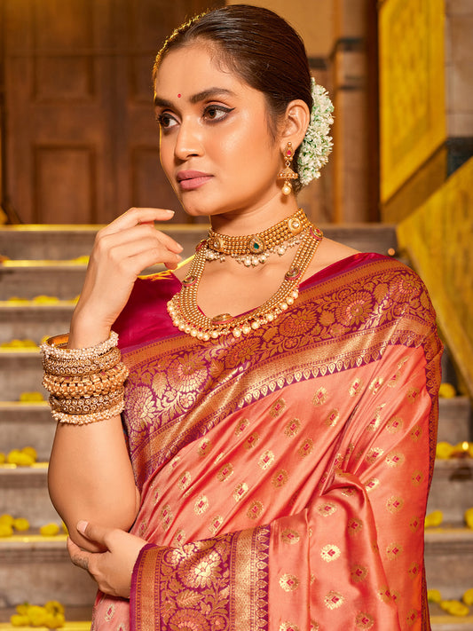 Sutriti Majestic Peach Kanjivaram Silk Saree | Bridal Heritage Collection | Limited Edition