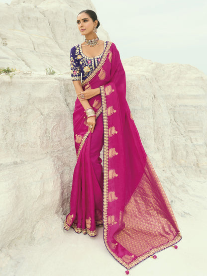 Rani Pink Pure Organza Viscose Satin Saree with Original Mirror, Moti & Cut-Dana Work + Pure Silk Blouse