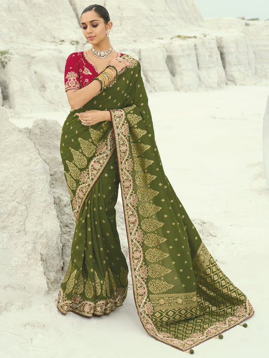 Mehendi Pure Dola Viscose Saree with Jari, Thread, Moti & Cut-Dana Heavy Work + Pure Silk Blouse