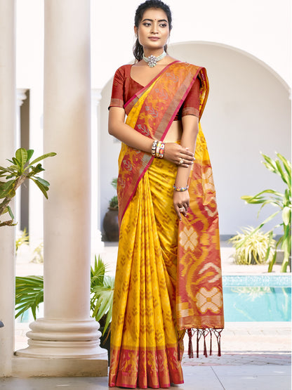 Sutriti Yellow & Maroon Pochampalli Soft Silk Saree with Traditional Ikat Pallu Sari