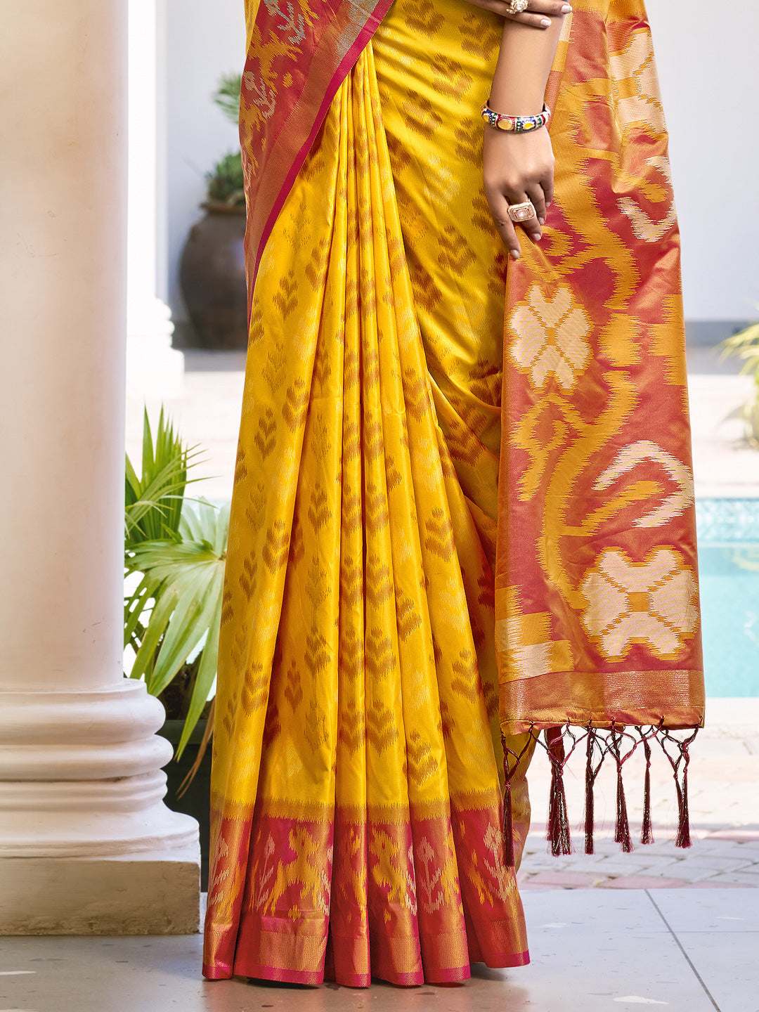 Sutriti Yellow & Maroon Pochampalli Soft Silk Saree with Traditional Ikat Pallu Sari