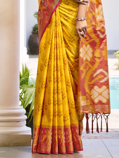 Sutriti Yellow & Maroon Pochampalli Soft Silk Saree with Traditional Ikat Pallu Sari