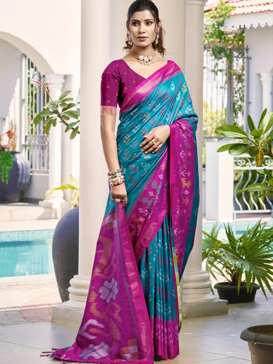 Sutriti Sky Blue & Magenta Pochampalli Soft Silk Saree with Traditional Ikat Pallu Sari