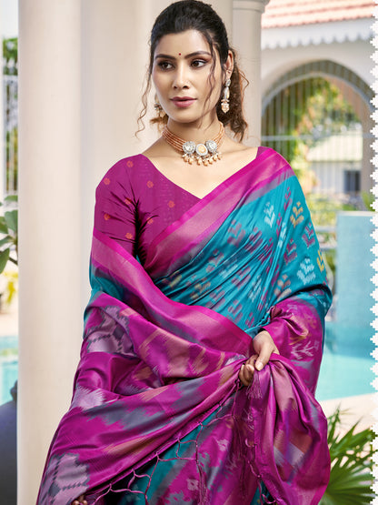 Sutriti Sky Blue & Magenta Pochampalli Soft Silk Saree with Traditional Ikat Pallu Sari
