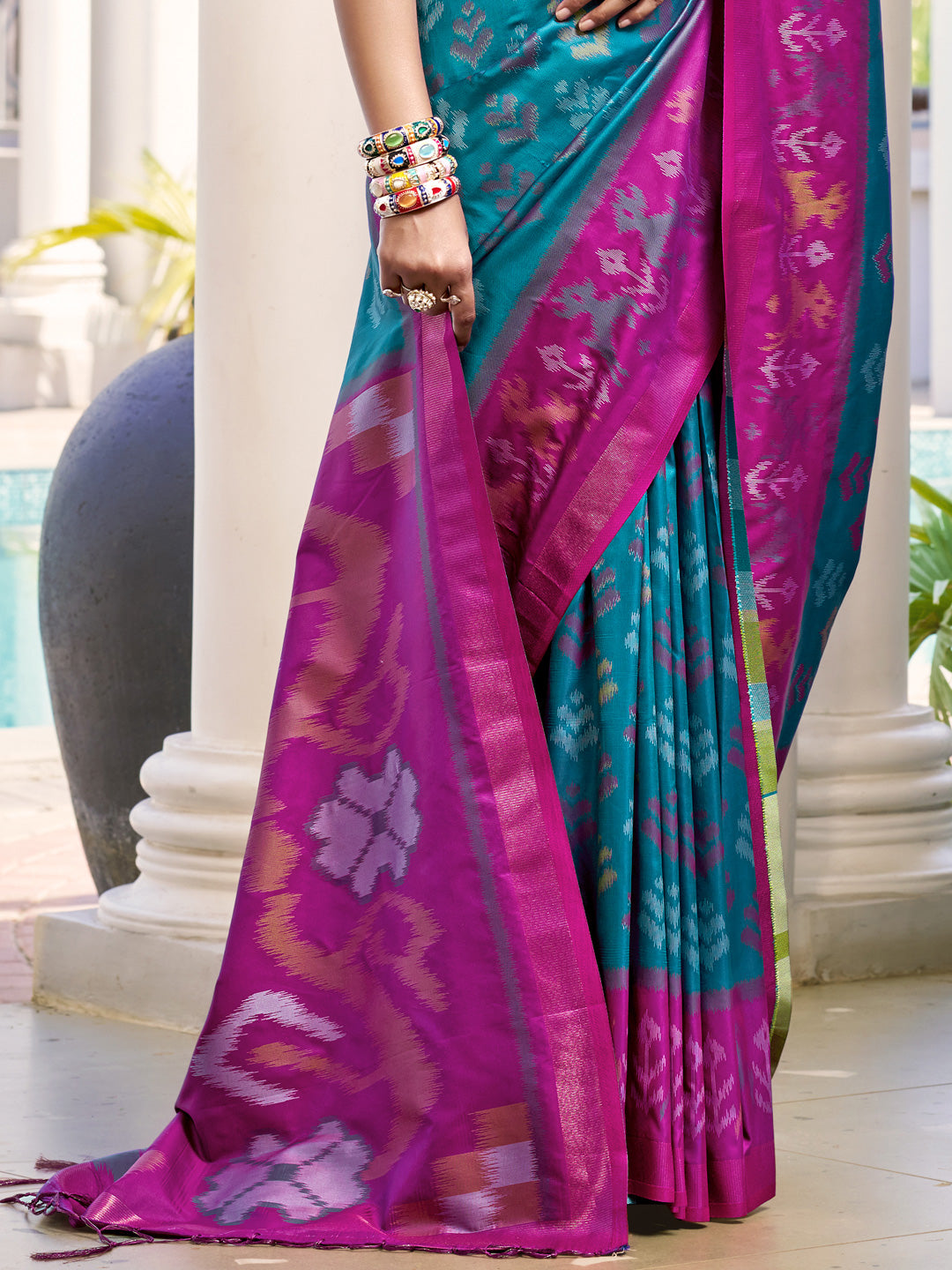 Sutriti Sky Blue & Magenta Pochampalli Soft Silk Saree with Traditional Ikat Pallu Sari