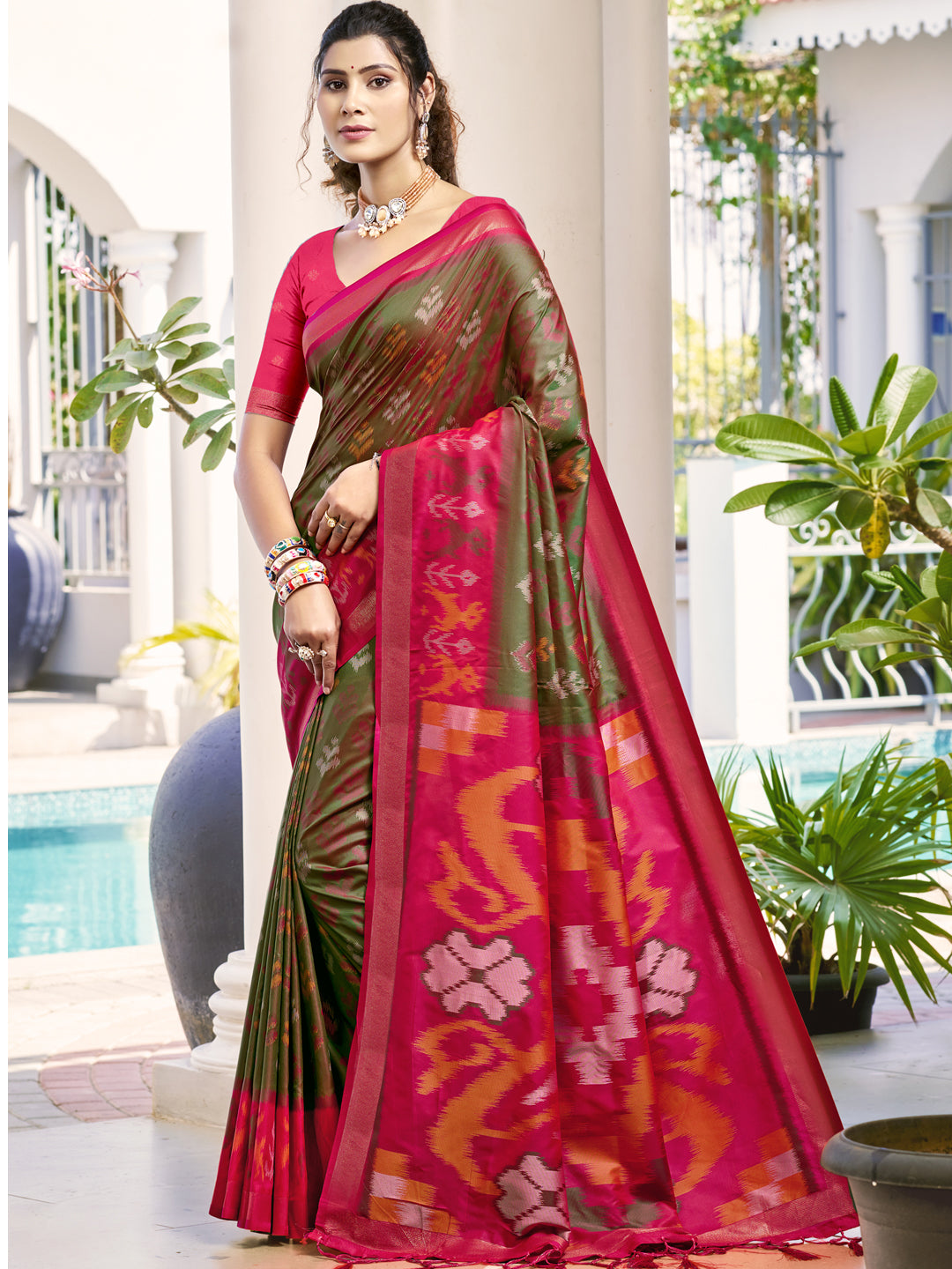 Sutriti Olive Green & Red Pochampalli Soft Silk Saree with Traditional Ikat Pallu Sari