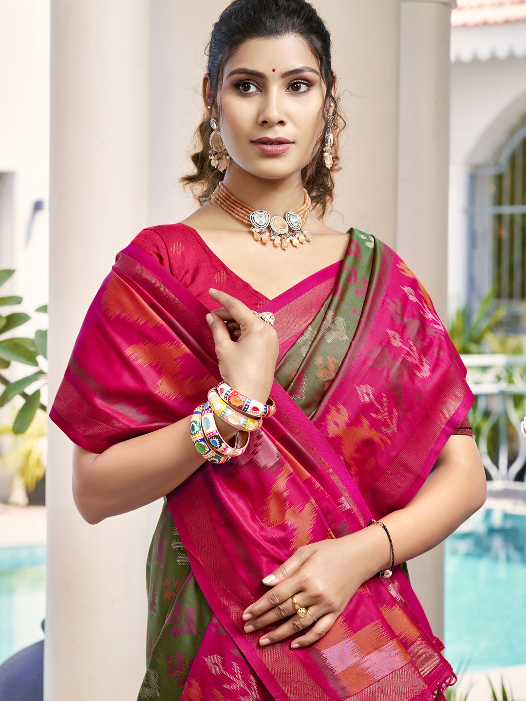 Sutriti Olive Green & Red Pochampalli Soft Silk Saree with Traditional Ikat Pallu Sari