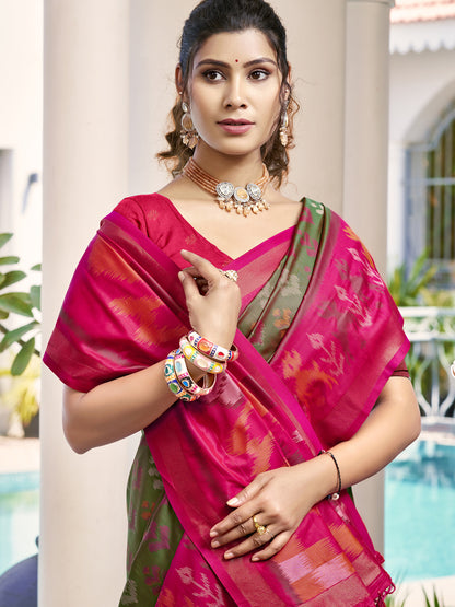 Sutriti Olive Green & Red Pochampalli Soft Silk Saree with Traditional Ikat Pallu Sari