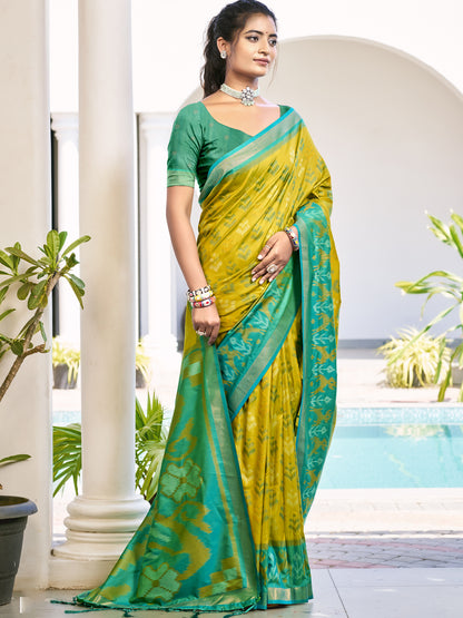 Sutriti Mustard Yellow & Green Pochampalli Soft Silk Saree with Traditional Ikat Pallu Sari