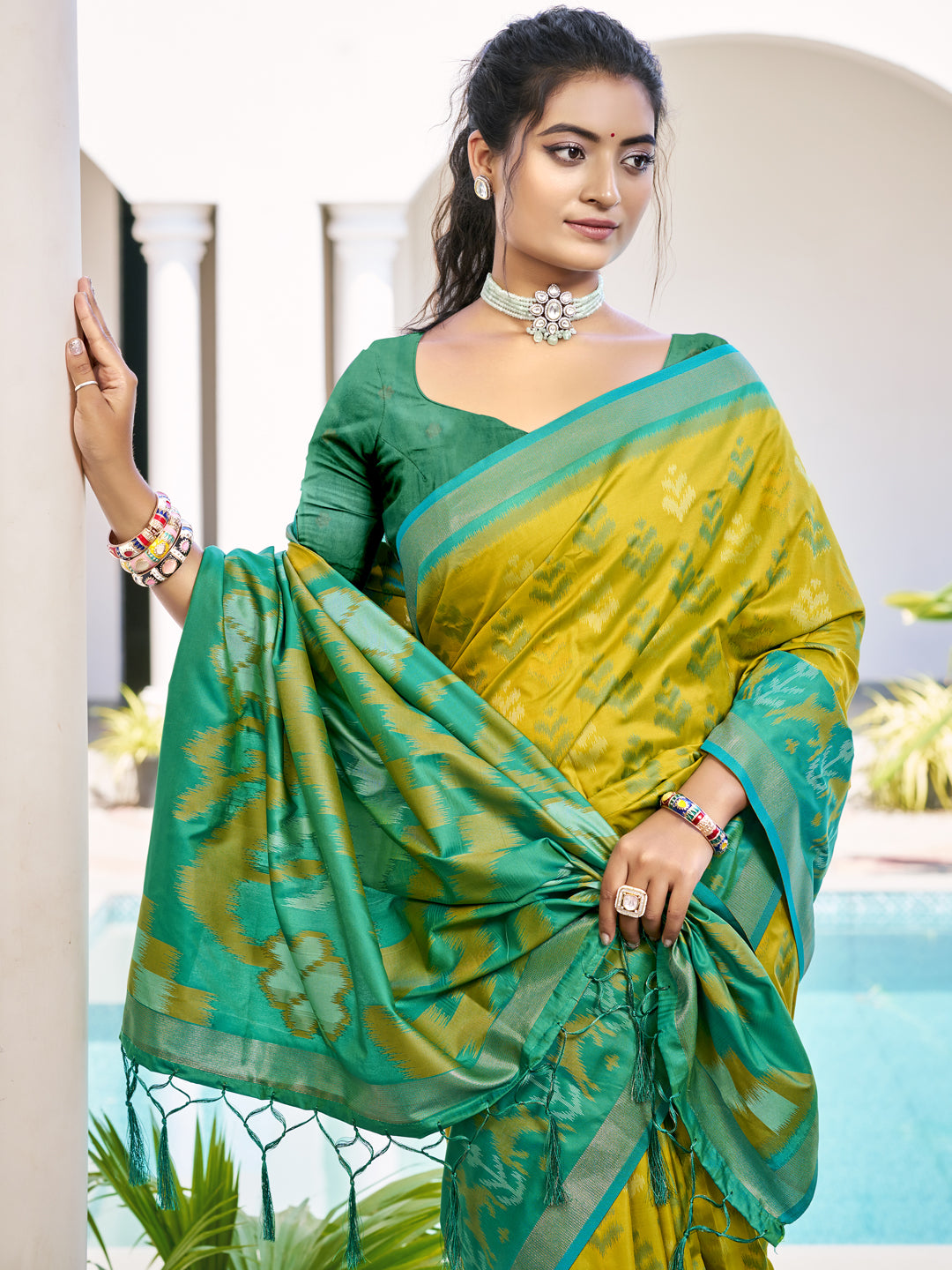 Sutriti Mustard Yellow & Green Pochampalli Soft Silk Saree with Traditional Ikat Pallu Sari