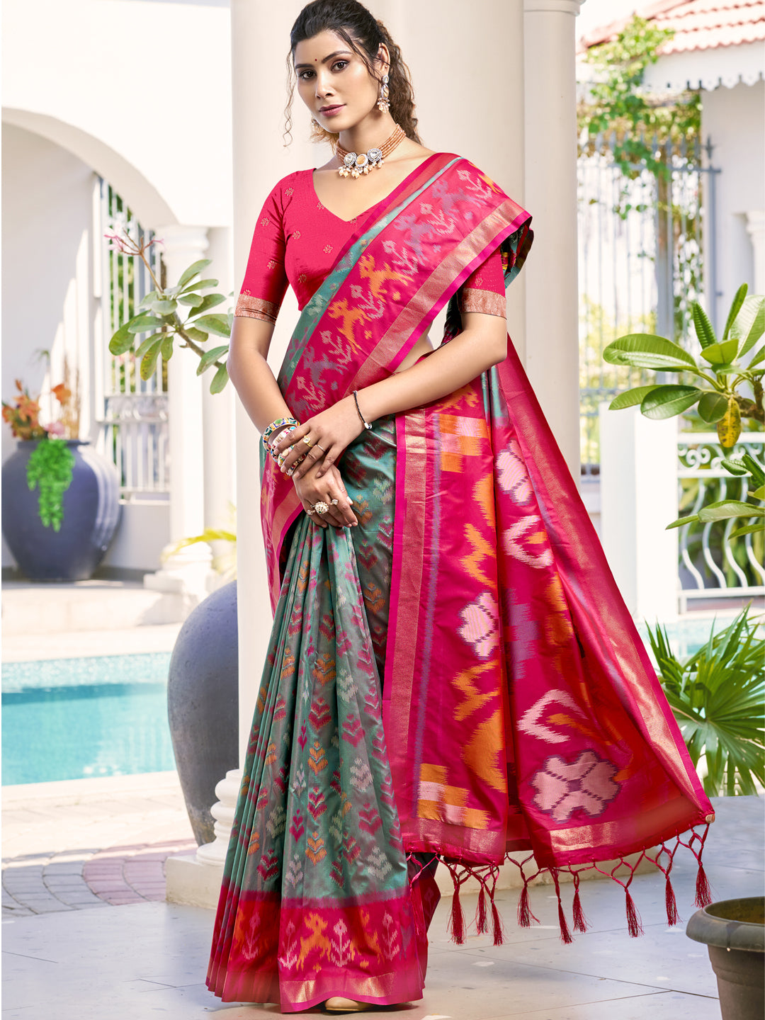 Sutriti Grey & Red Pochampalli Soft Silk Saree with Traditional Ikat Pallu Sari