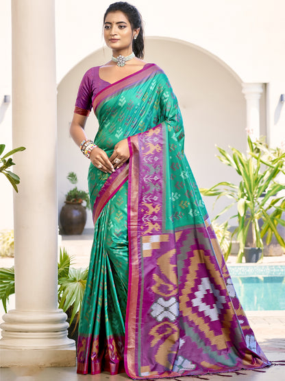 Sutriti Rama Green & Purple Pochampalli Soft Silk Saree with Traditional Ikat Pallu Sari