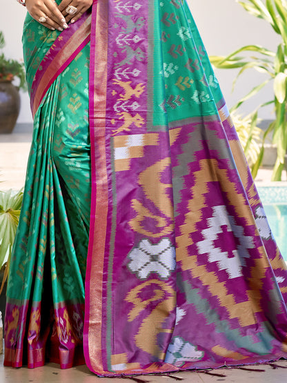 Sutriti Rama Green & Purple Pochampalli Soft Silk Saree with Traditional Ikat Pallu Sari