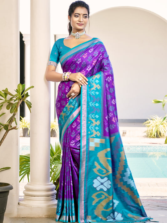 Sutriti Violet & Sky Blue Pochampalli Soft Silk Saree with Traditional Ikat Pallu Sari