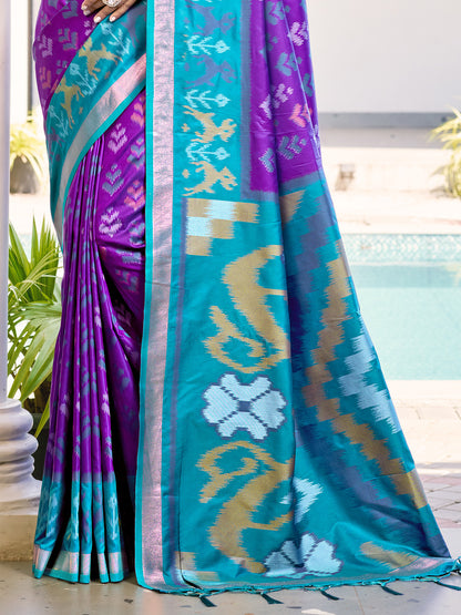 Sutriti Violet & Sky Blue Pochampalli Soft Silk Saree with Traditional Ikat Pallu Sari