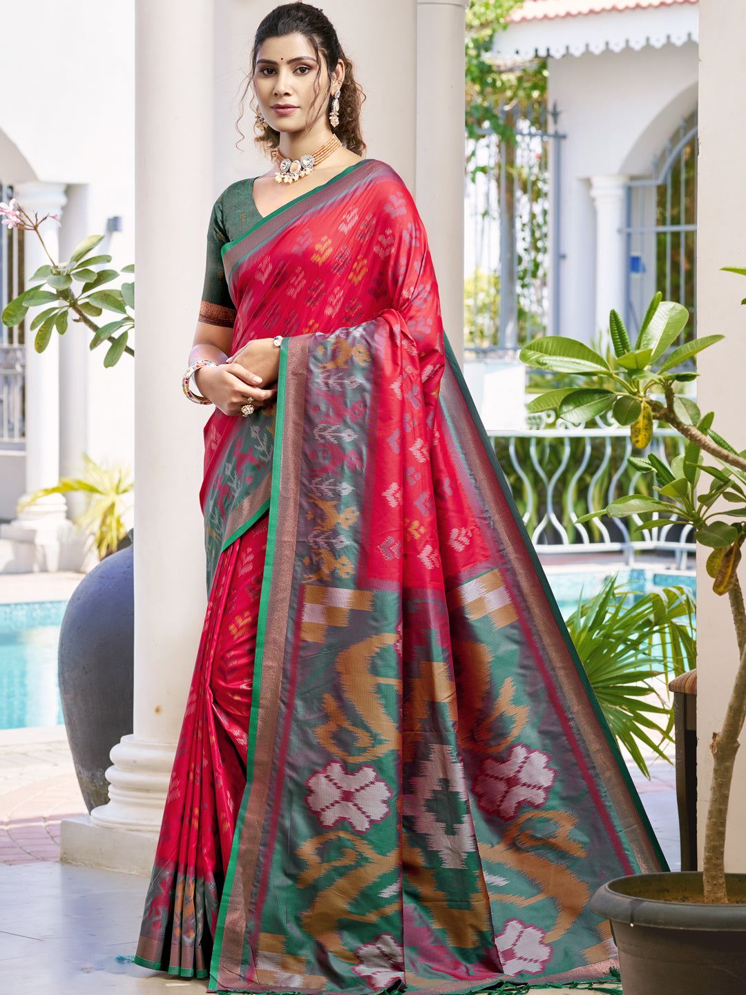 Sutriti Red & Mhendi Green Pochampalli Soft Silk Saree with Traditional Ikat Pallu Sari