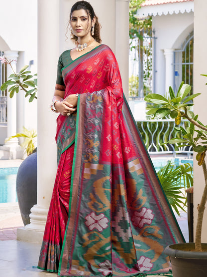Sutriti Red & Mhendi Green Pochampalli Soft Silk Saree with Traditional Ikat Pallu Sari