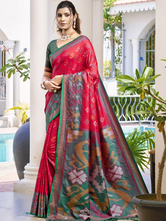 Sutriti Red & Mhendi Green Pochampalli Soft Silk Saree with Traditional Ikat Pallu Sari