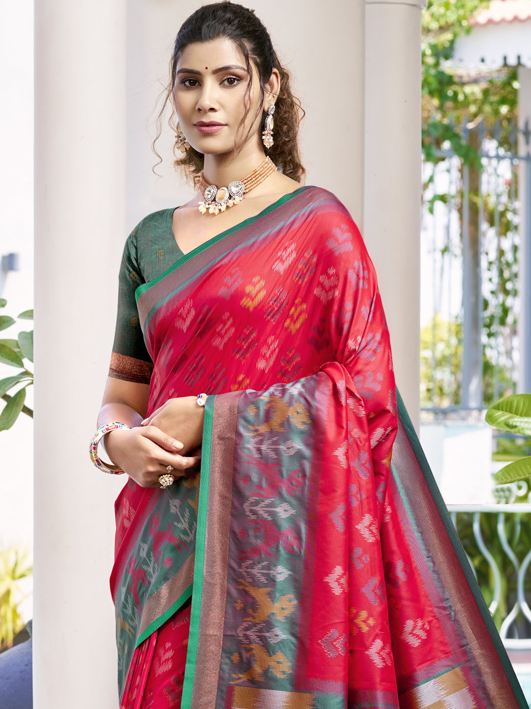 Sutriti Red & Mhendi Green Pochampalli Soft Silk Saree with Traditional Ikat Pallu Sari
