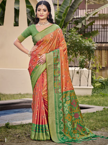 Sutriti Exquisite Orange & Green Pochampalli Soft Silk Saree with Grand Ikat Woven Pallu – Perfect for Weddings, Festivals & Traditional Celebrations