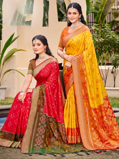 Sutriti Exquisite Yellow & Red Pochampalli Soft Silk Saree with Grand Ikat Woven Pallu – Perfect for Weddings, Festivals & Traditional Celebrations
