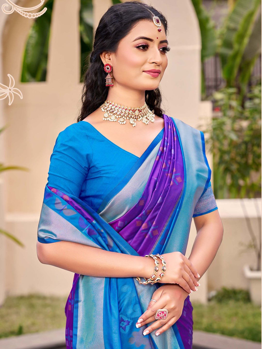 Sutriti Exquisite Violet & Sky Blue Pochampalli Soft Silk Saree with Grand Ikat Woven Pallu – Perfect for Weddings, Festivals & Traditional Celebrations