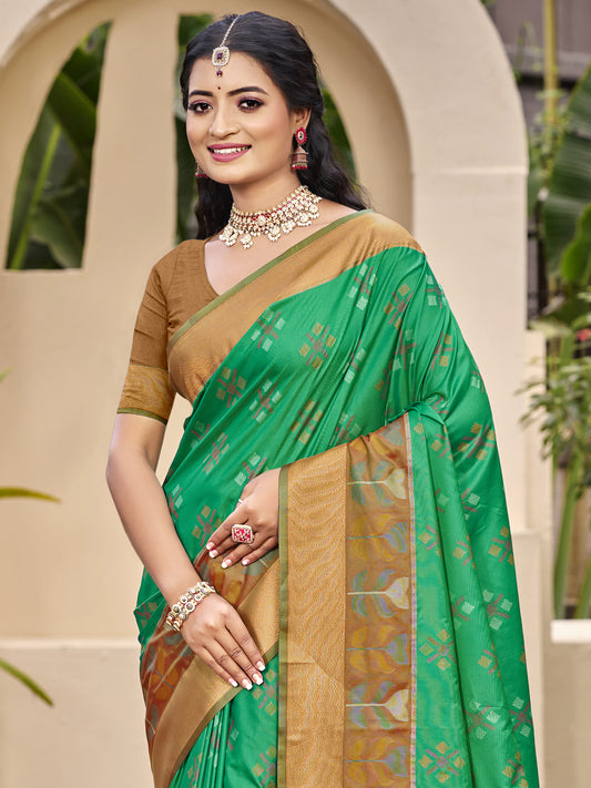 Sutriti Exquisite Green & Brown Pochampalli Soft Silk Saree with Grand Ikat Woven Pallu – Perfect for Weddings, Festivals & Traditional Celebrations