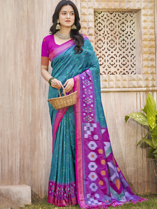 Sutriti Sea Green & Violet Pochampalli Soft Silk Saree with Traditional Ikat Woven Pallu – Perfect for Festive Celebrations & Wedding Occasions