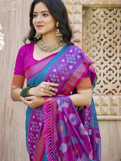 Sutriti Sea Green & Violet Pochampalli Soft Silk Saree with Traditional Ikat Woven Pallu – Perfect for Festive Celebrations & Wedding Occasions