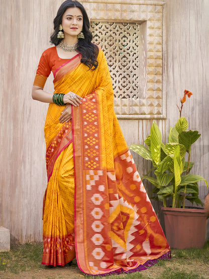 Sutriti Yellow & Red Pochampalli Soft Silk Saree with Traditional Ikat Woven Pallu – Perfect for Festive Celebrations & Wedding Occasions