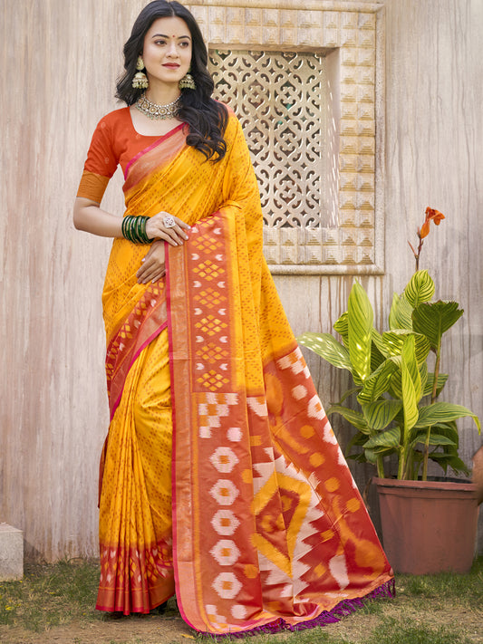 Sutriti Yellow & Red Pochampalli Soft Silk Saree with Traditional Ikat Woven Pallu – Perfect for Festive Celebrations & Wedding Occasions